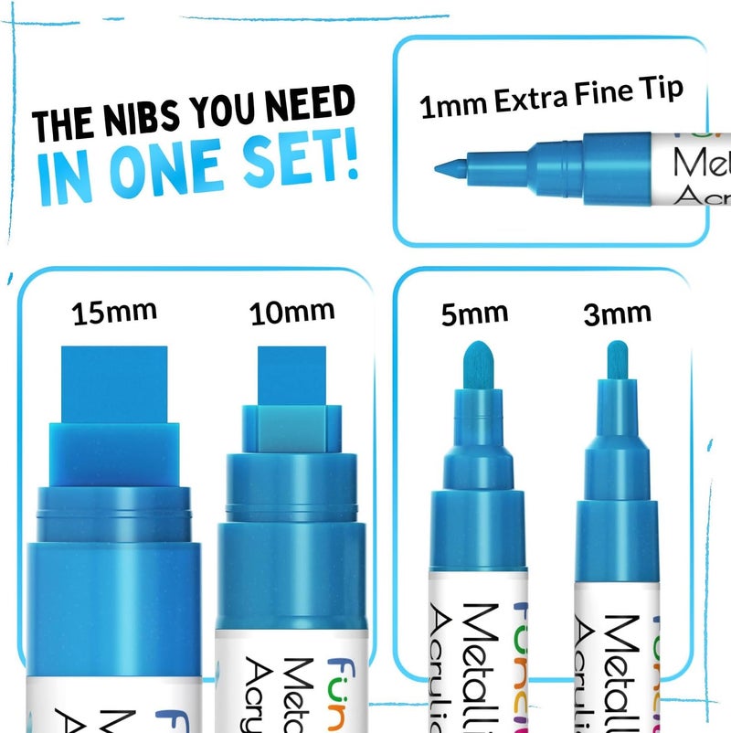 Funcils 5 Metallic Acrylic Blue Paint Pen - Extra Fine Tip, Thin & Jumbo (1mm, 3mm, 6mm, 10mm, 15mm) - Blue Paint Markers for Metal, Fabric, Plastic, Canvas, Wood, Rock Painting, Glass, Permanent Marker - Image 2